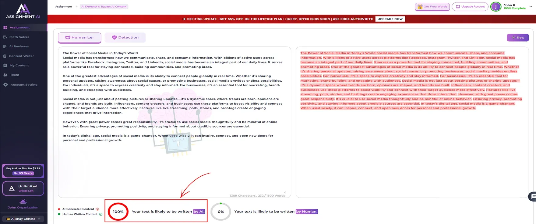 ChatGPT content Check in AssignmentGPT AI detector.