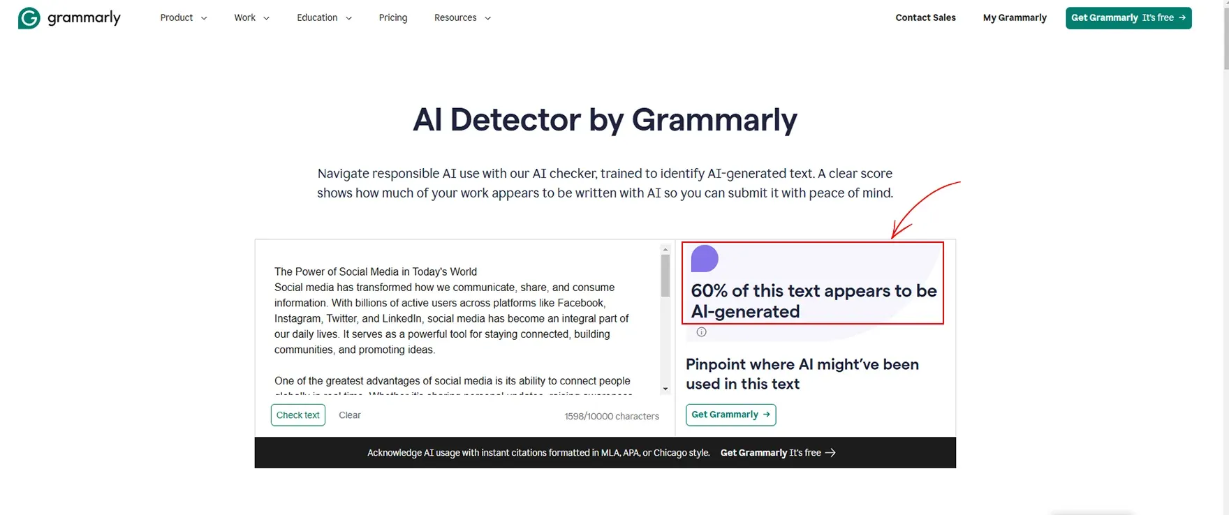 ChatGPT content Check in Grammarly AI detector