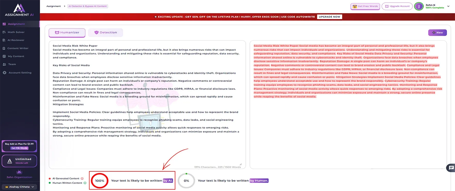 Check in AssignmentGPT AI detector