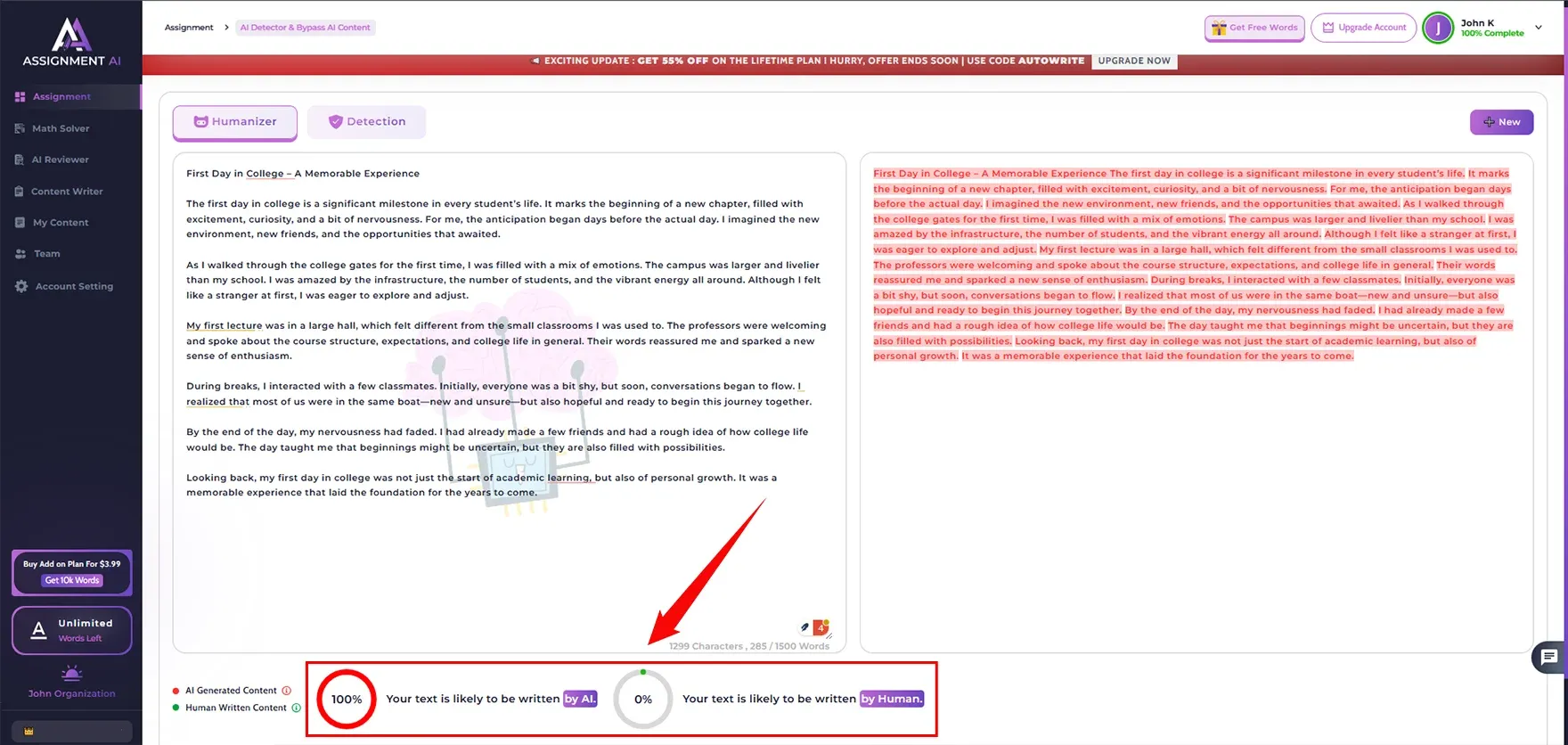 Checked AI Content in AssignmentGPT AI Detector
