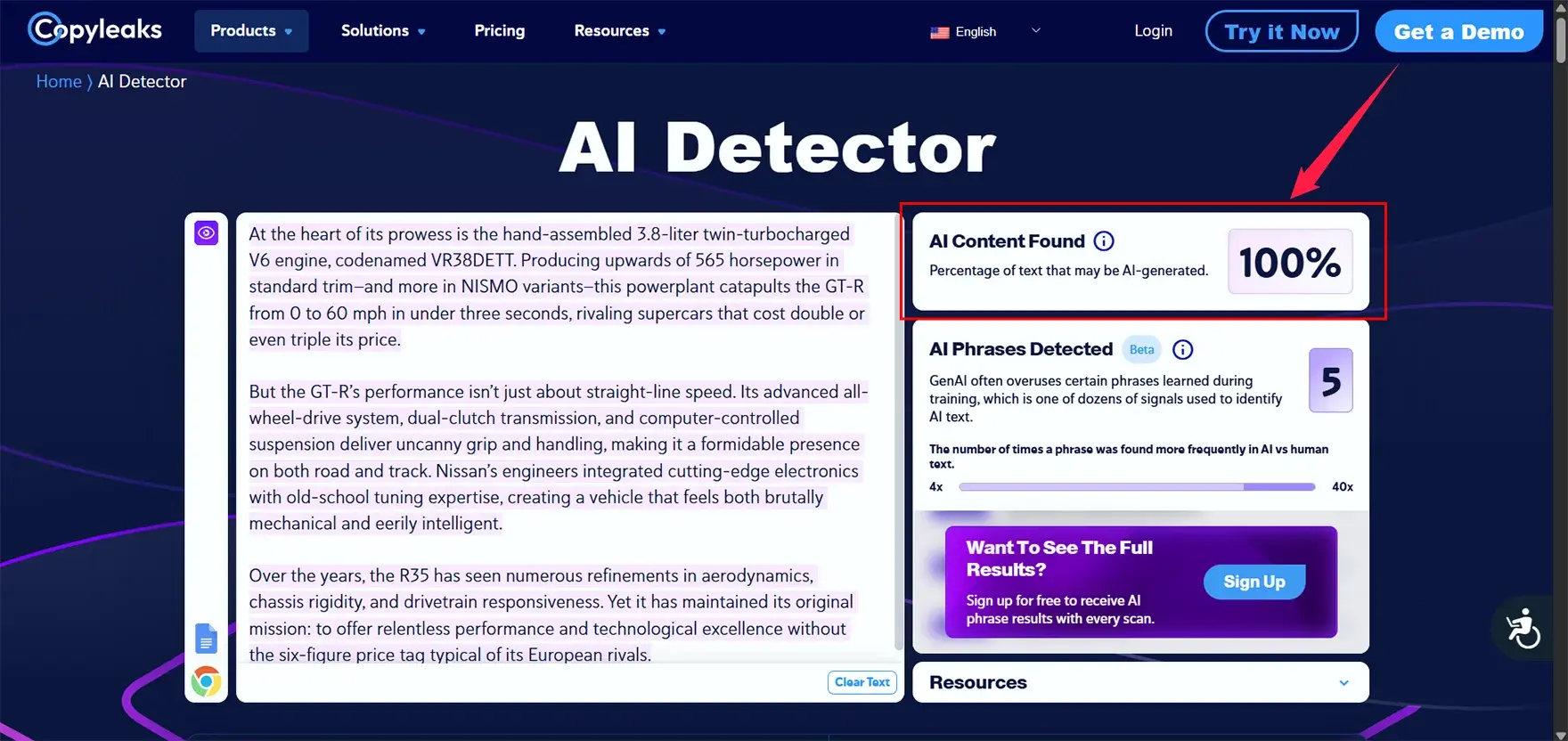 Checked AI Content in Copyleaks AI Detector