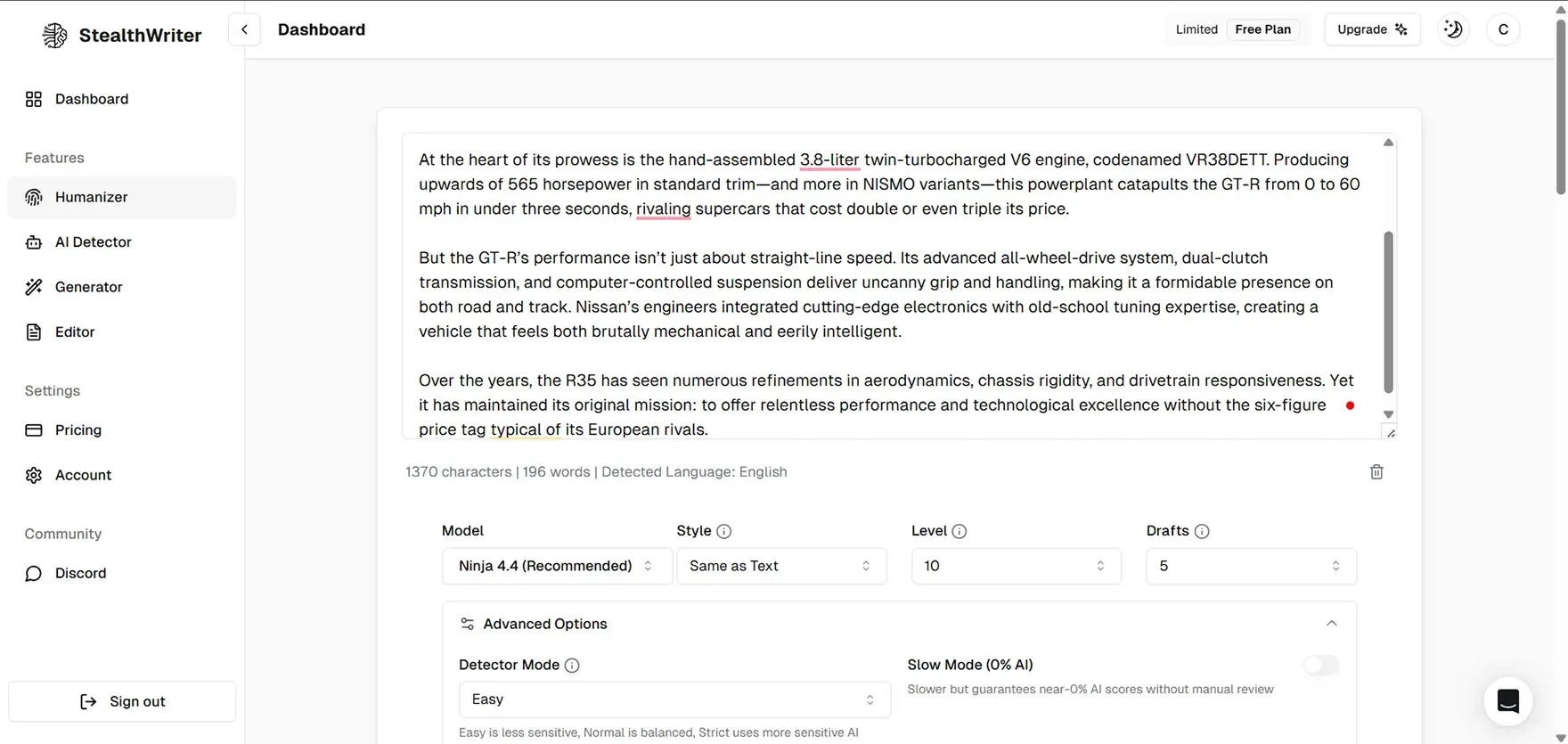 Checked AI Content in StealthWriter AI Detector