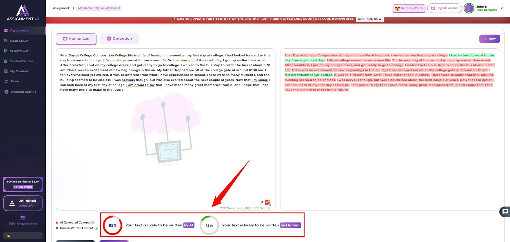 Checked Humanized Content in AssignmentGPT.AI