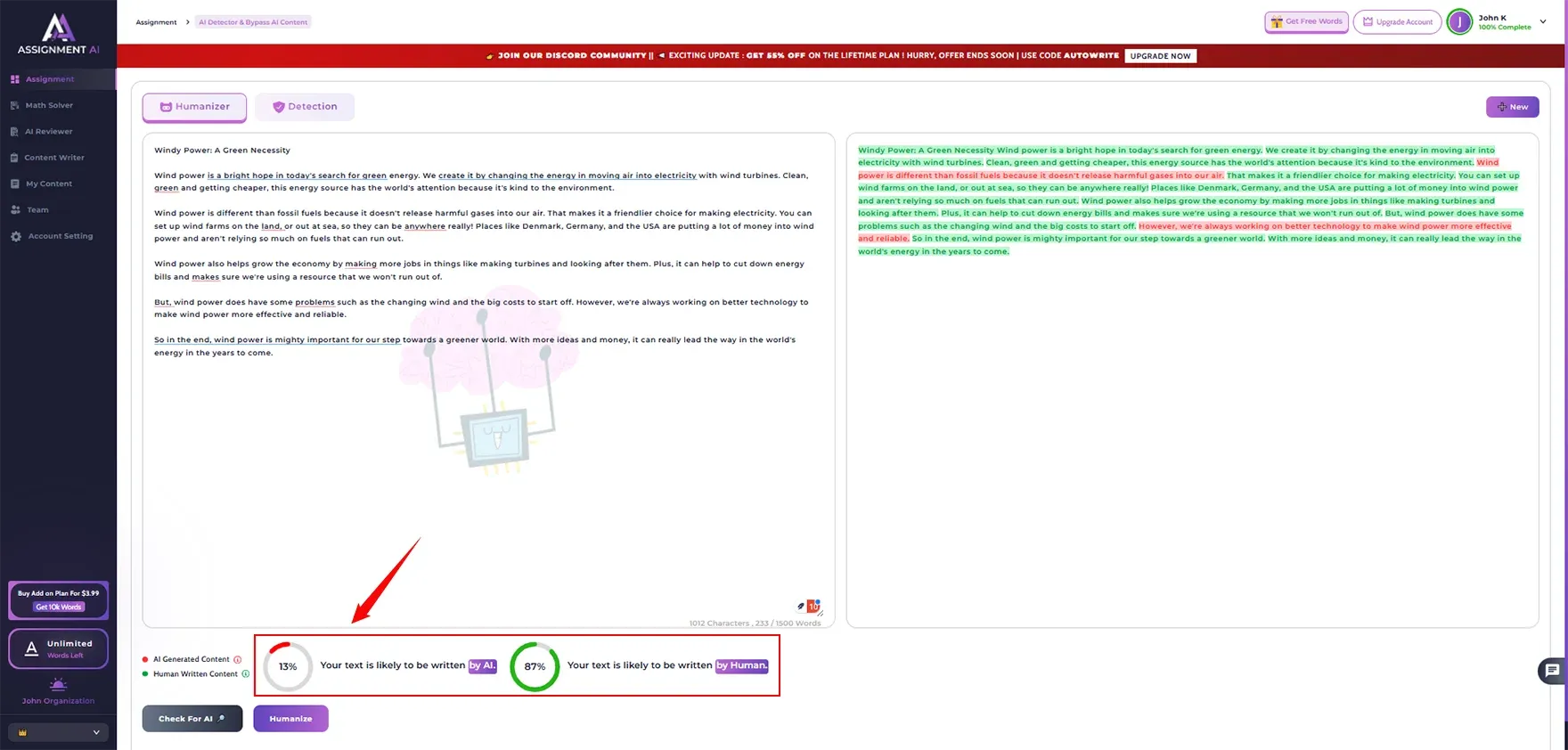Checked Netus ai bypasser content In AssignmentGPT AI