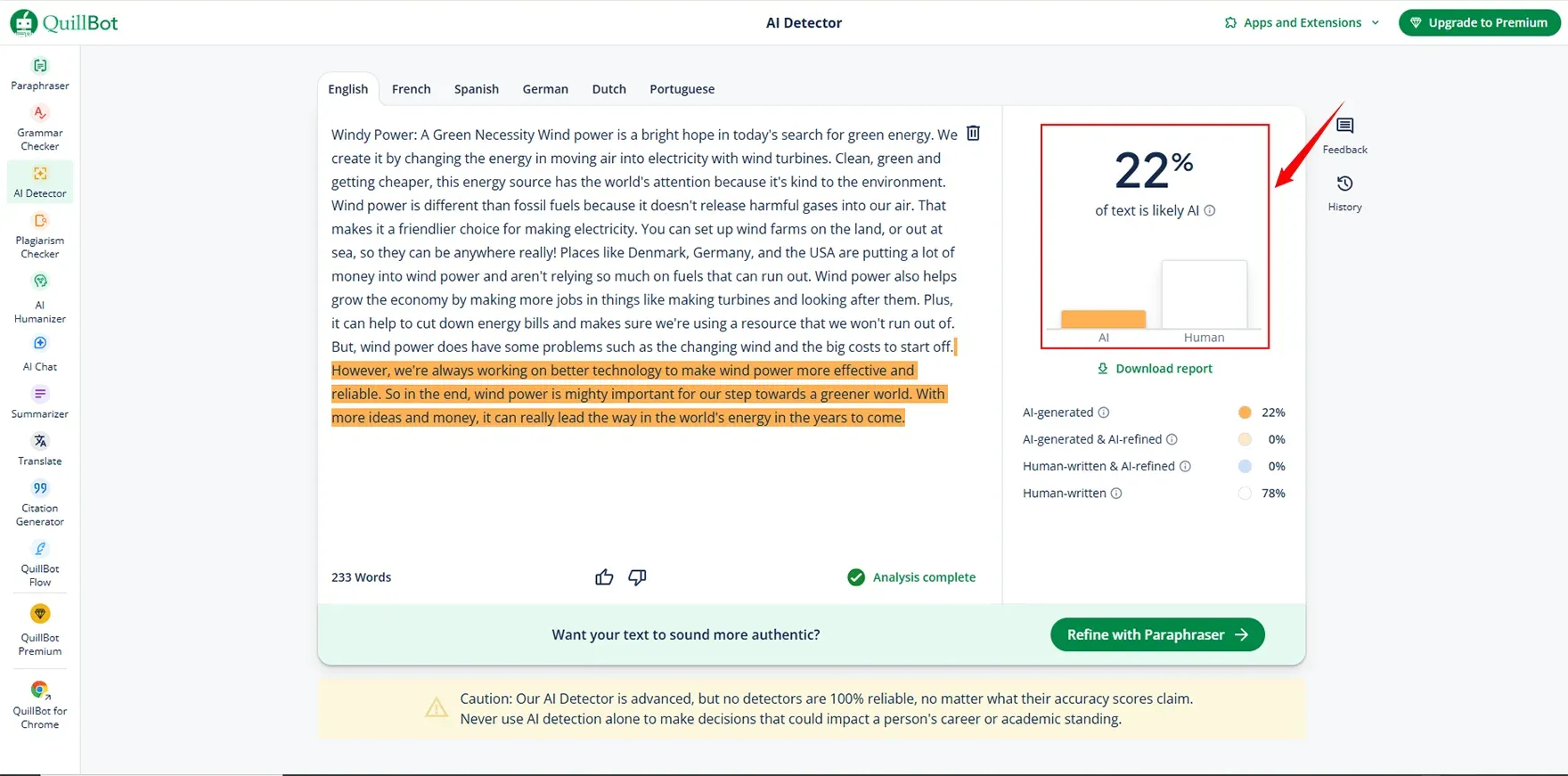 Checked Netus ai bypasser content In Quillbot AI detector
