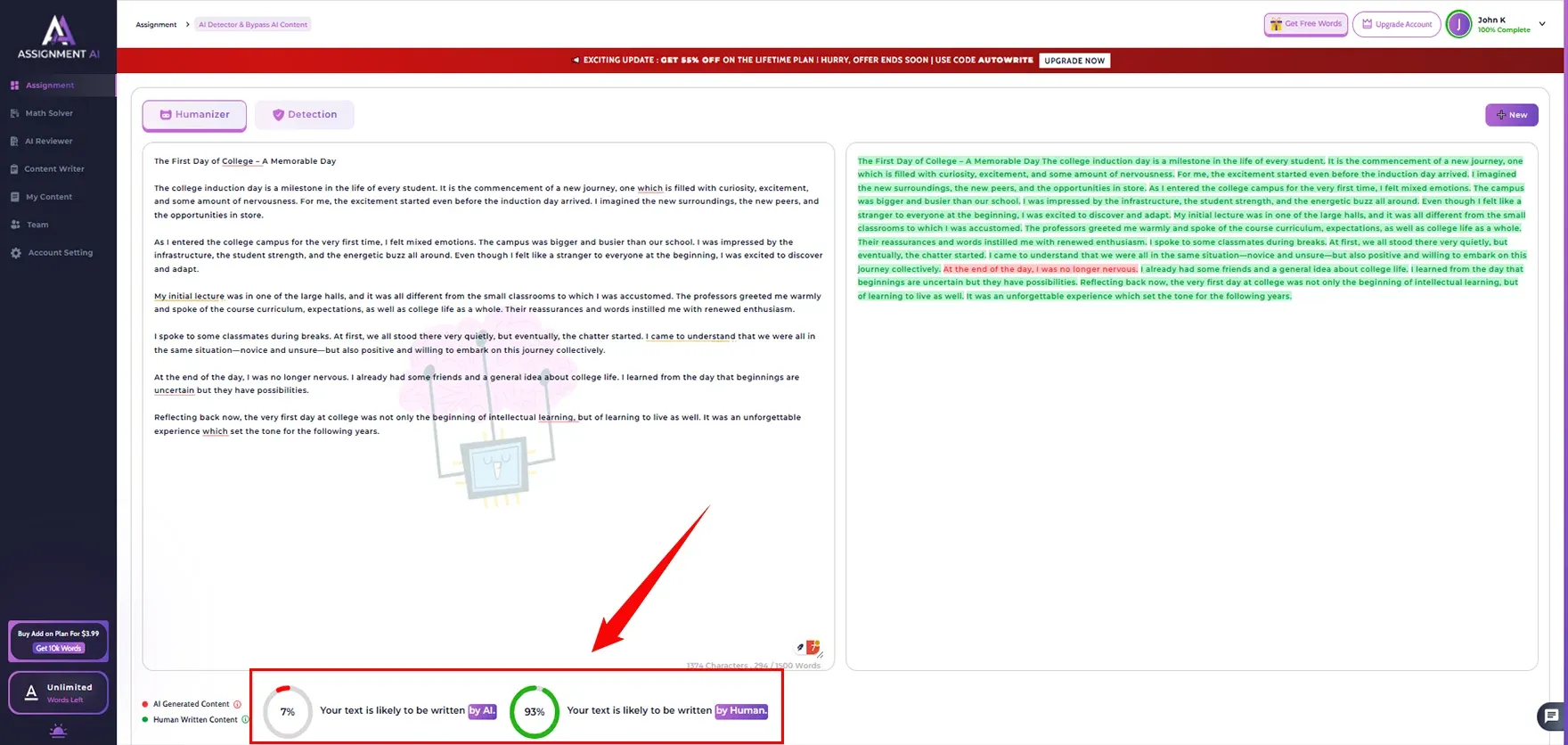 Checked humanized content in AssignmentGPT AI Detector