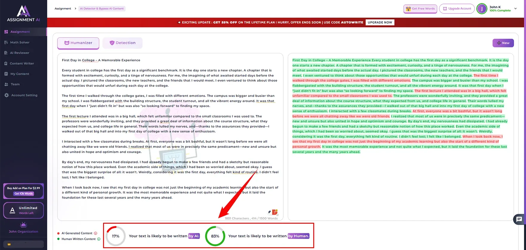 Checked humanized content in AssignmentGPT AI Detector