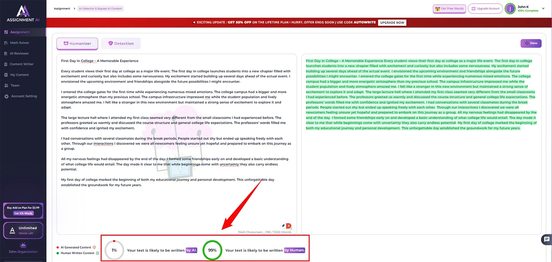 Checked humanized content in AssignmentGPT AI Detector