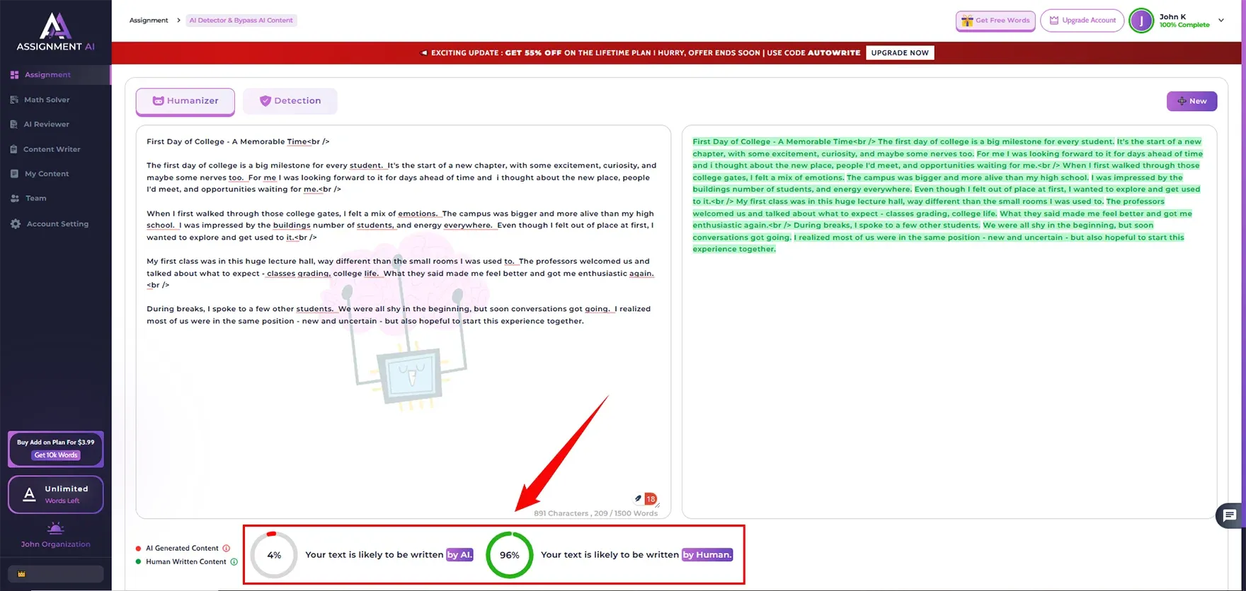 Checked humanized content in AssignmentGPT AI Detector