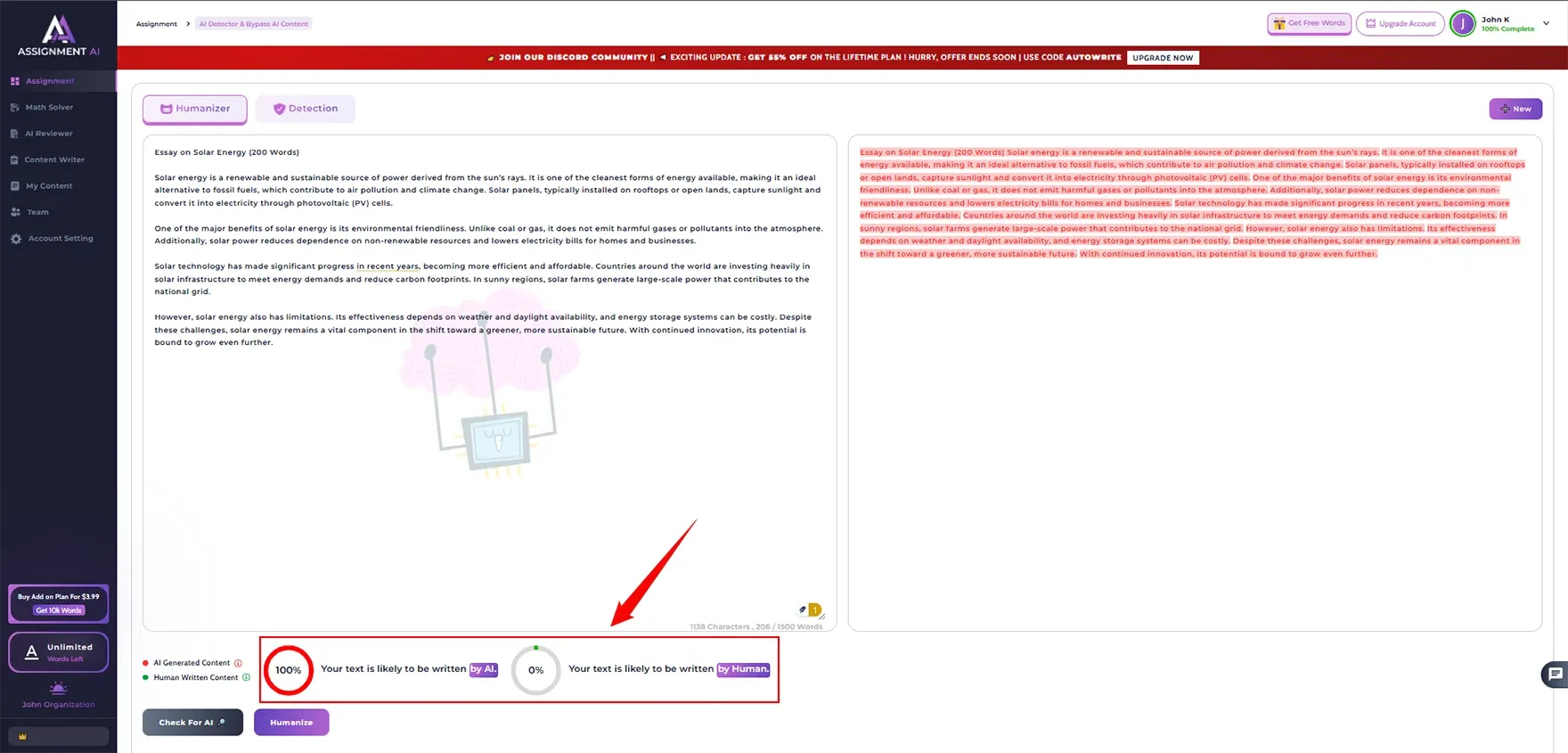 Checked in AssignmentGPT AI detector