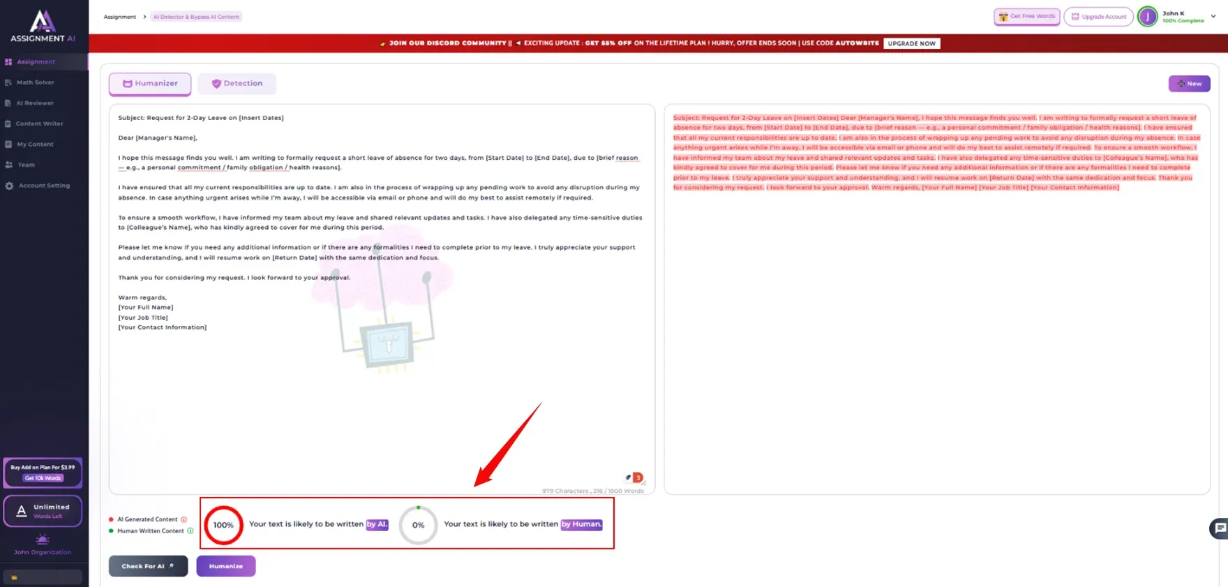 Checked in AssignmentGPT AI detector