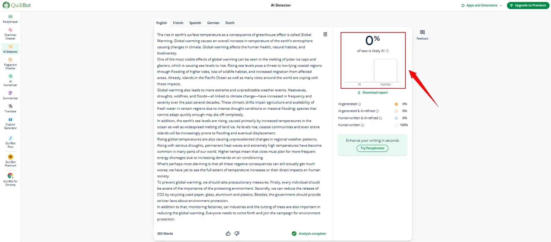 Testing on Quillbot AI Detector