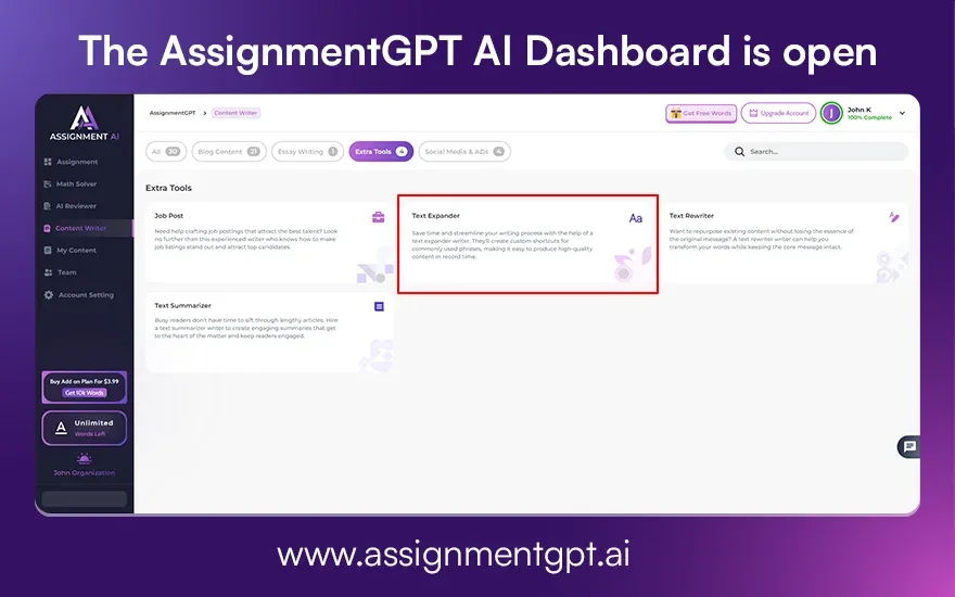 The AssignmentGPT AI Dashboard is open.webp