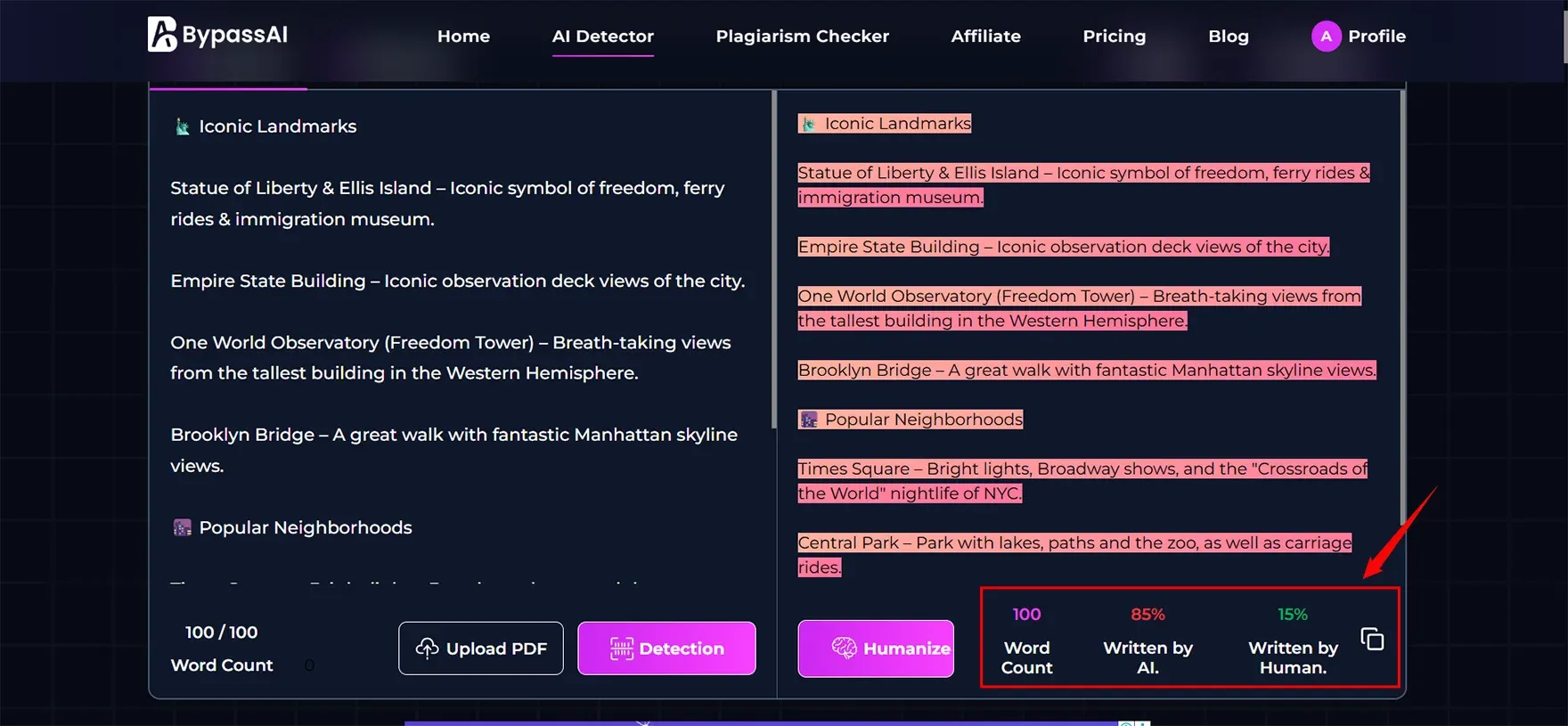 This same content check in the BypassAI io detector