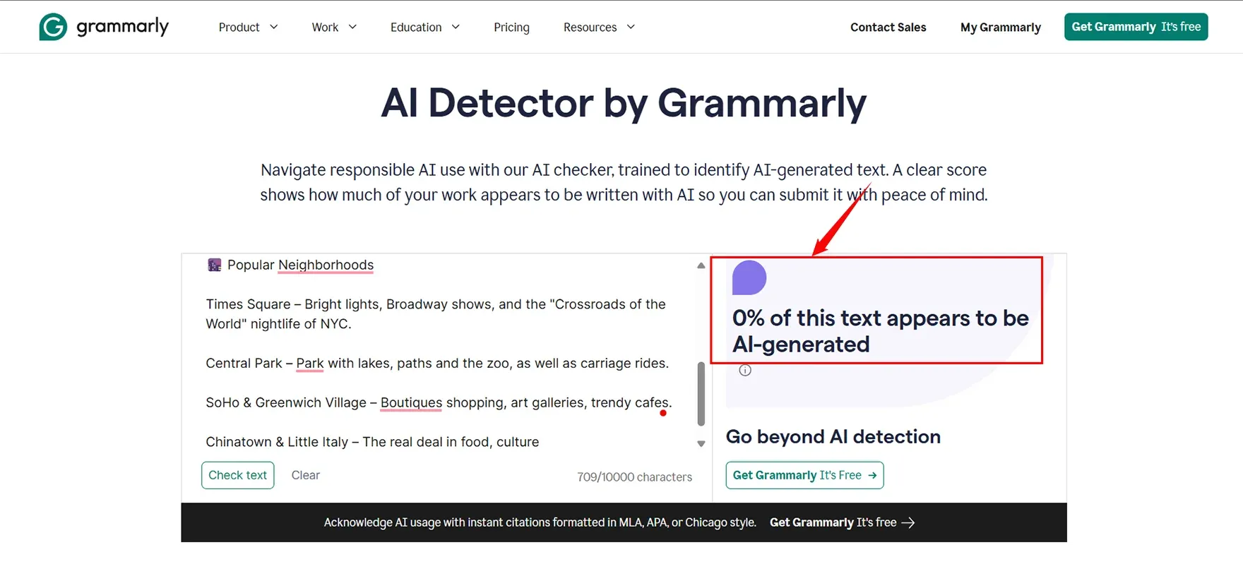 This same content check in the Grammarly AI detector