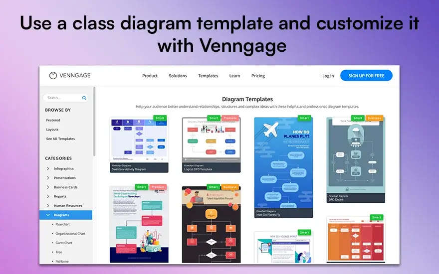 Use a class diagram template and customize it with Venngage