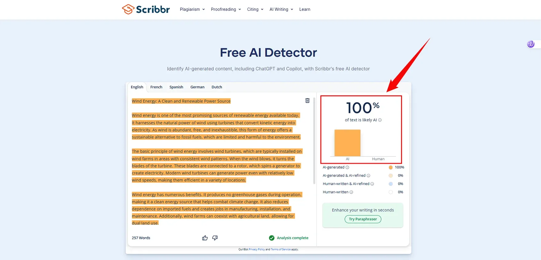 scribbr AI Detector Check